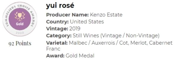 2019 yui rosé, GOLD medal winner at the 2020 Sommeliers Choice Awards