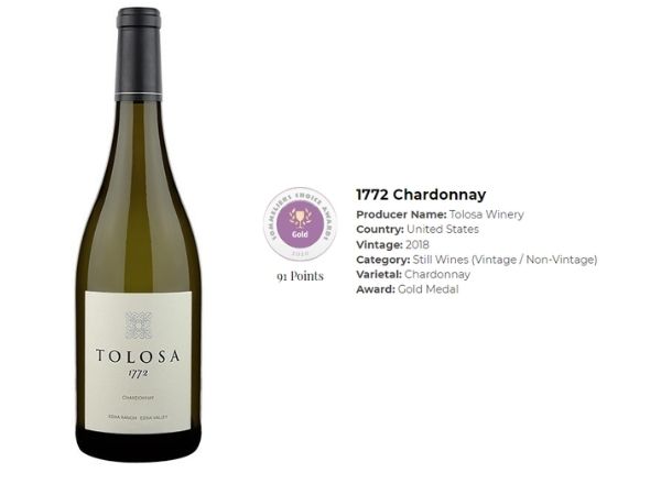 The 1772 Chardonnay is Tolosa’s classic Chardonnay that secured 91 points and a gold medal at the 2020 Sommeliers Choice Awards.